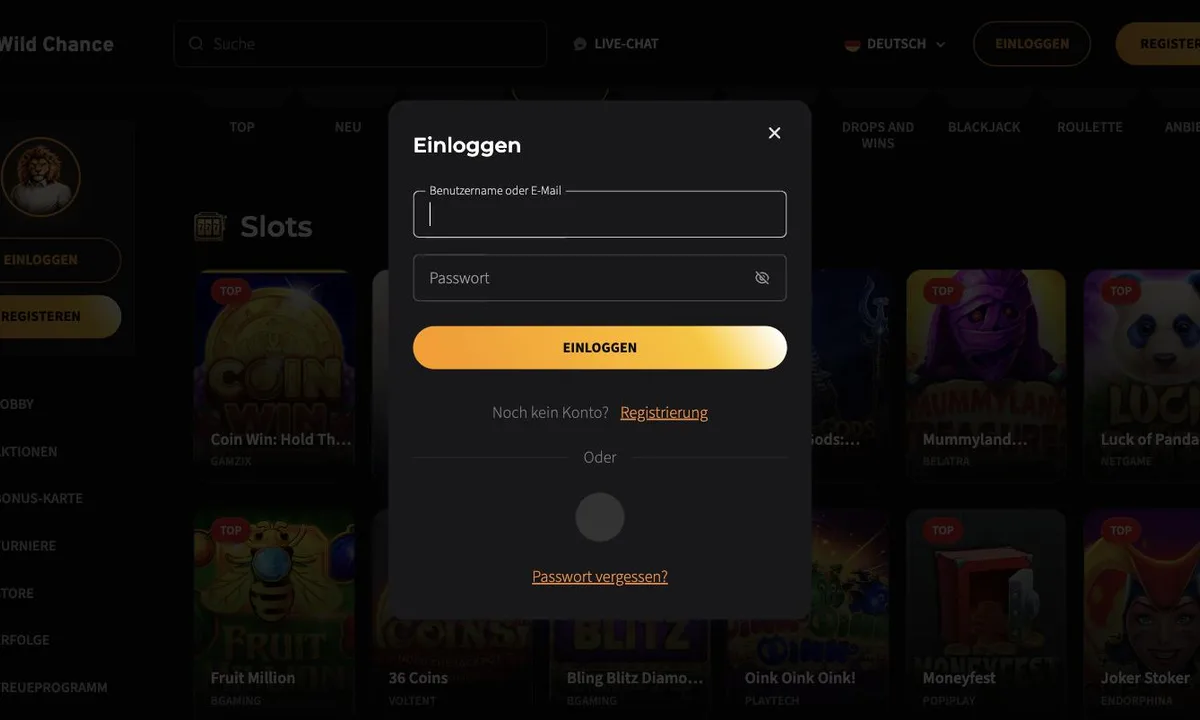 Leeres Anmeldefenster von Wild Chance Casino mit den Feldern für Benutzername oder E-Mail und Passwort