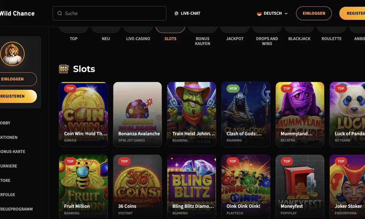 Slot-Lobby von Wild Chance Casino mit Kategorieleiste und Spielen von Gamzix, BGaming, Belatra, NetGame, VoltEnt, Playtech und Endorphina