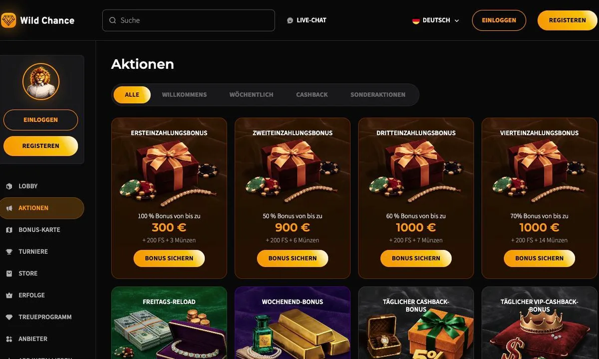 Aktionsseite von Wild Chance Casino mit den vier Einzahlungsboni 300€, 900€, 1.000€ und 1.000€ und den Wochenangeboten darunter
