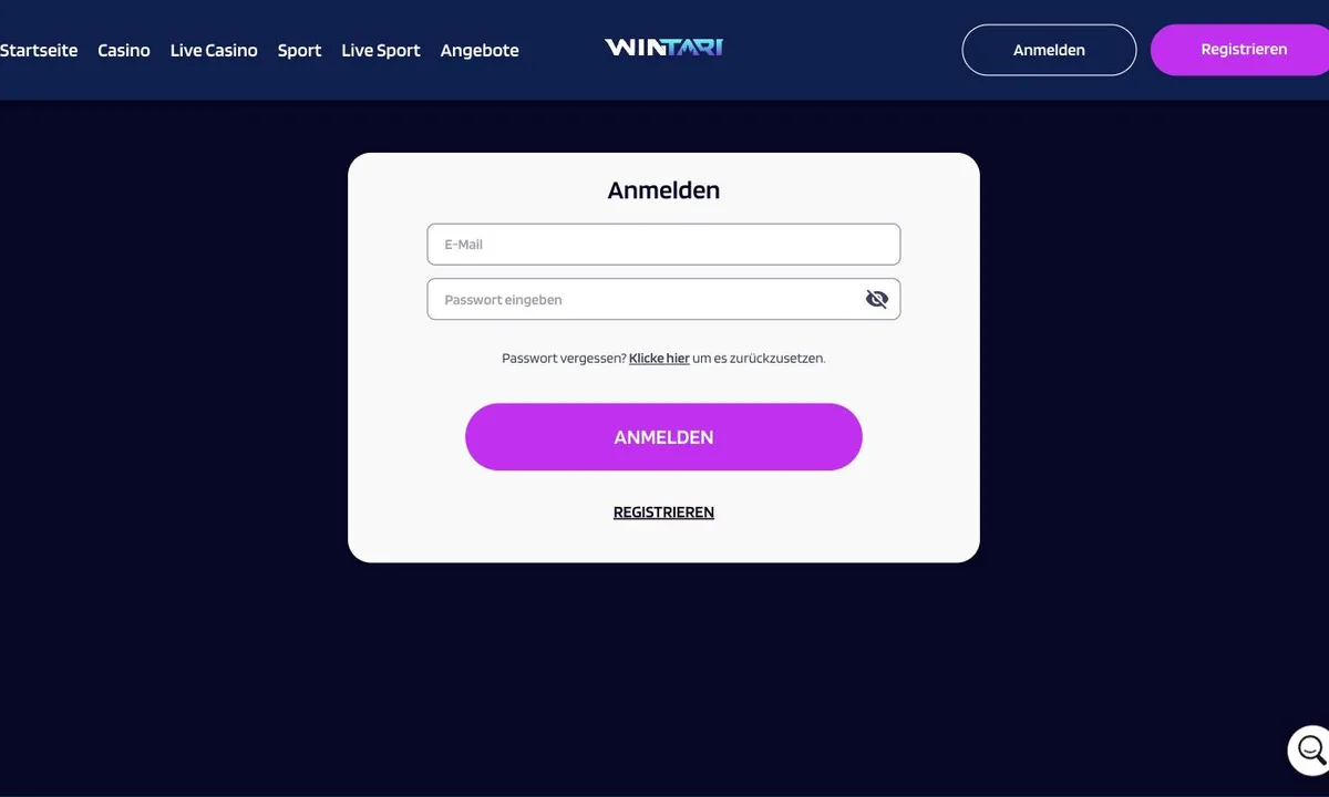 Leeres Anmeldefenster von Wintari Casino mit den Feldern für E-Mail und Passwort