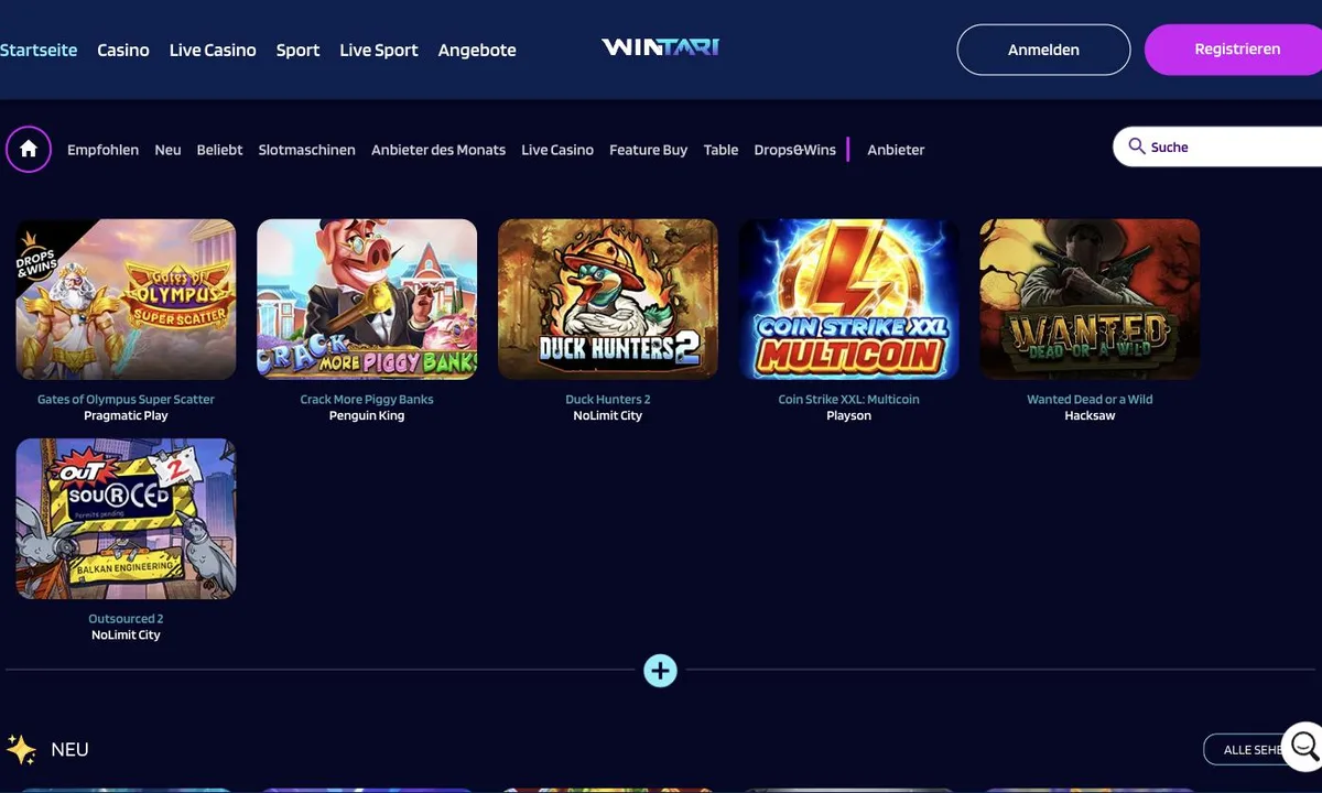 Spielelobby von Wintari Casino mit der Kategorieleiste und Spielen von Pragmatic Play, Penguin King, Nolimit City, Playson und Hacksaw