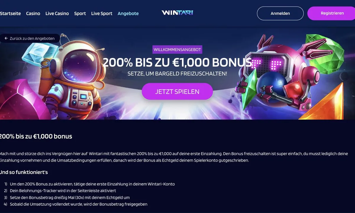 Aktionsseite von Wintari Casino mit dem Willkommensangebot 200% bis zu 1.000€ und den ersten Schritten zur Freischaltung