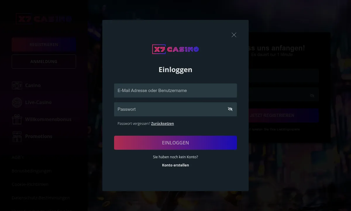 Leeres Fenster Einloggen von X7 Casino mit Feldern für E-Mail-Adresse oder Benutzername und Passwort, Link zum Zurücksetzen und darunter Konto erstellen