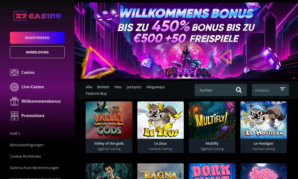 Casino-Lobby von X7 Casino mit Willkommensbanner, Kategorieleiste von Alle bis Feature Buy, Suchfeld, Anbieterfilter und den Kacheln Valley of the Gods, Le Zeus, Multifly und Le Hooligan