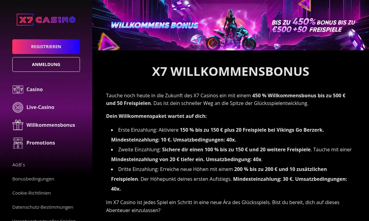 Aktionsseite X7 Willkommensbonus mit Neon-Banner und den drei Einzahlungsstufen 150 Prozent, 100 Prozent und 200 Prozent samt Mindesteinzahlung und 40x Umsatzbedingung