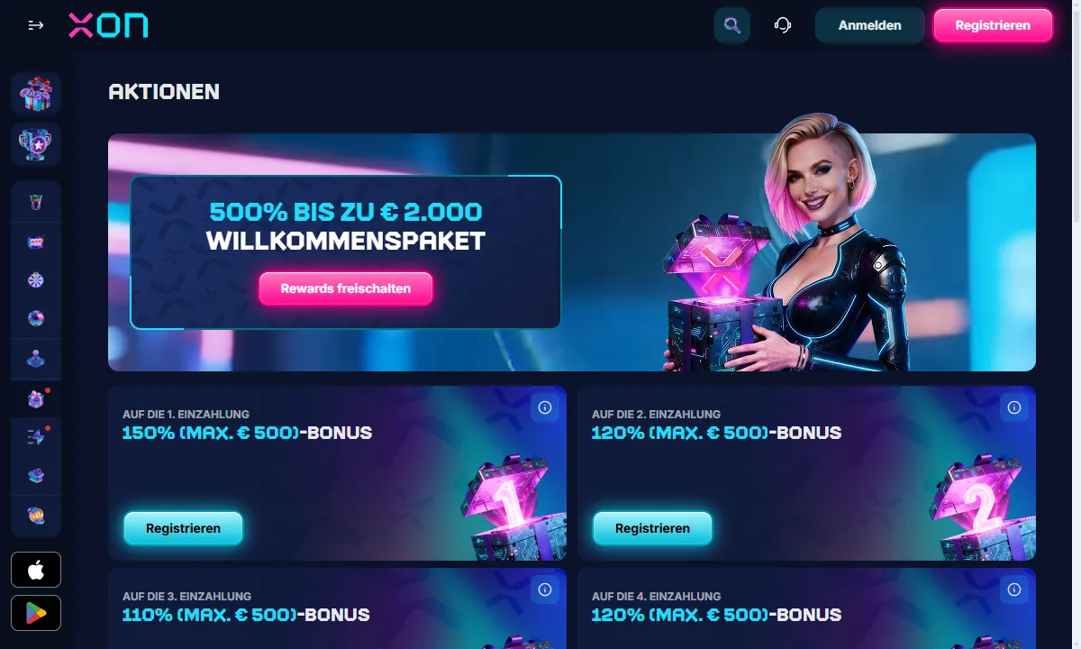 Aktionsseite von Xon Bet Casino mit dem Banner 500 Prozent bis zu 2.000 Euro Willkommenspaket und den Karten der ersten vier Einzahlungen
