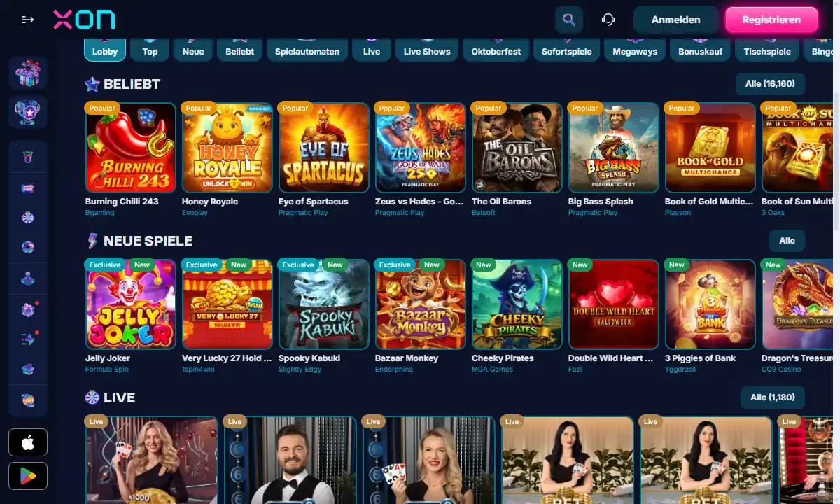 Lobby von Xon Bet Casino mit Kategorieleiste, den Reihen Beliebt und Neue Spiele und dem Zähler Alle 16,160