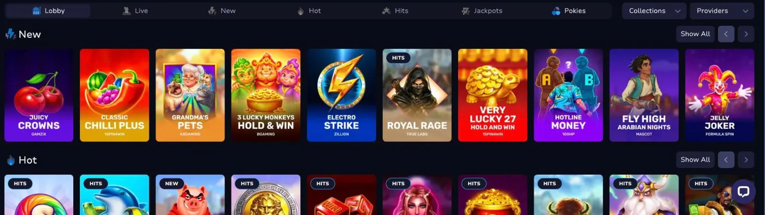 7Bit Casino lobby with the tabs Lobby, Live, New, Hot, Hits, Jackpots and Pokies and the New row with Juicy Crowns, Classic Chilli Plus, Grandma's Pets, 3 Lucky Monkeys, Electro Strike and Royal Rage, each tile naming its studio