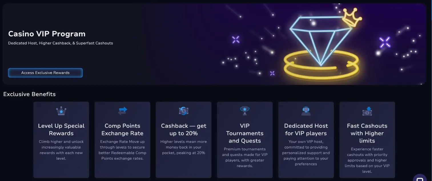 7Bit Casino VIP Program page with the line Dedicated Host, Higher Cashback, & Superfast Cashouts and the benefits Level Up Special Rewards, Comp Points Exchange Rate, Cashback up to 20%, VIP Tournaments, Dedicated Host and Fast Cashouts