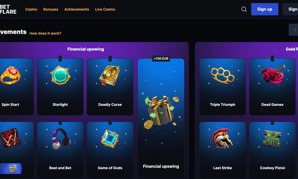 Betflare Casino achievements page with the collections Financial upswing and Gold Pocket, made up of quest tiles such as Spin Start, Starlight and Deadly Curse