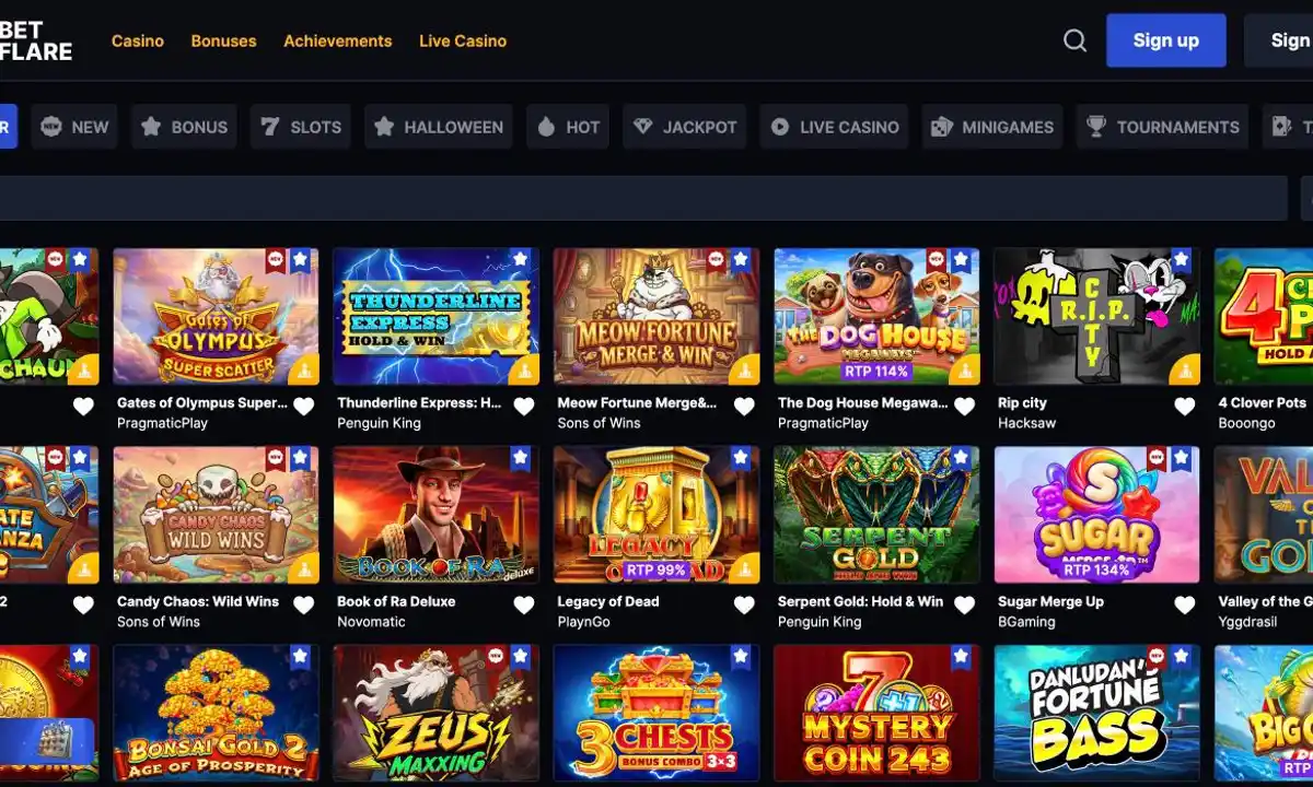 Betflare Casino lobby with the category bar Popular, New, Bonus, Slots, Jackpot, Live Casino and Table Games, a search field, a provider filter and game tiles naming their studio