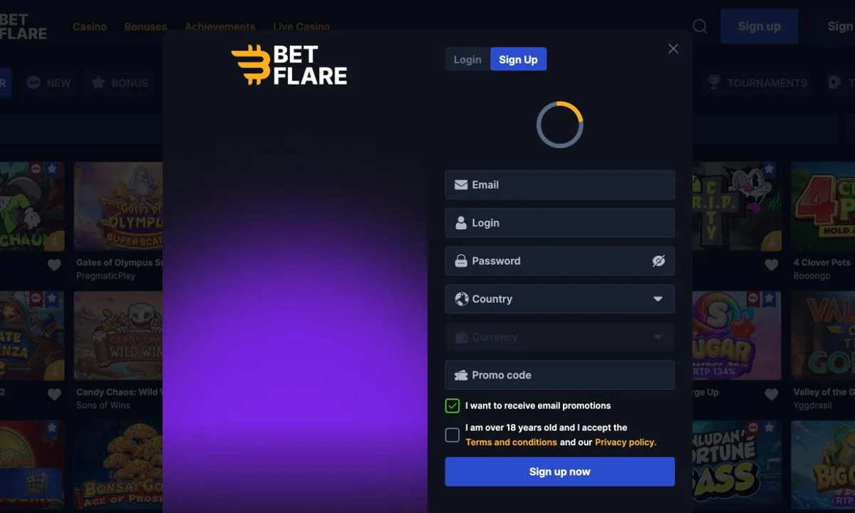 Empty Betflare Casino sign-up form with fields for email, login, password, country, currency and promo code and the box for the terms