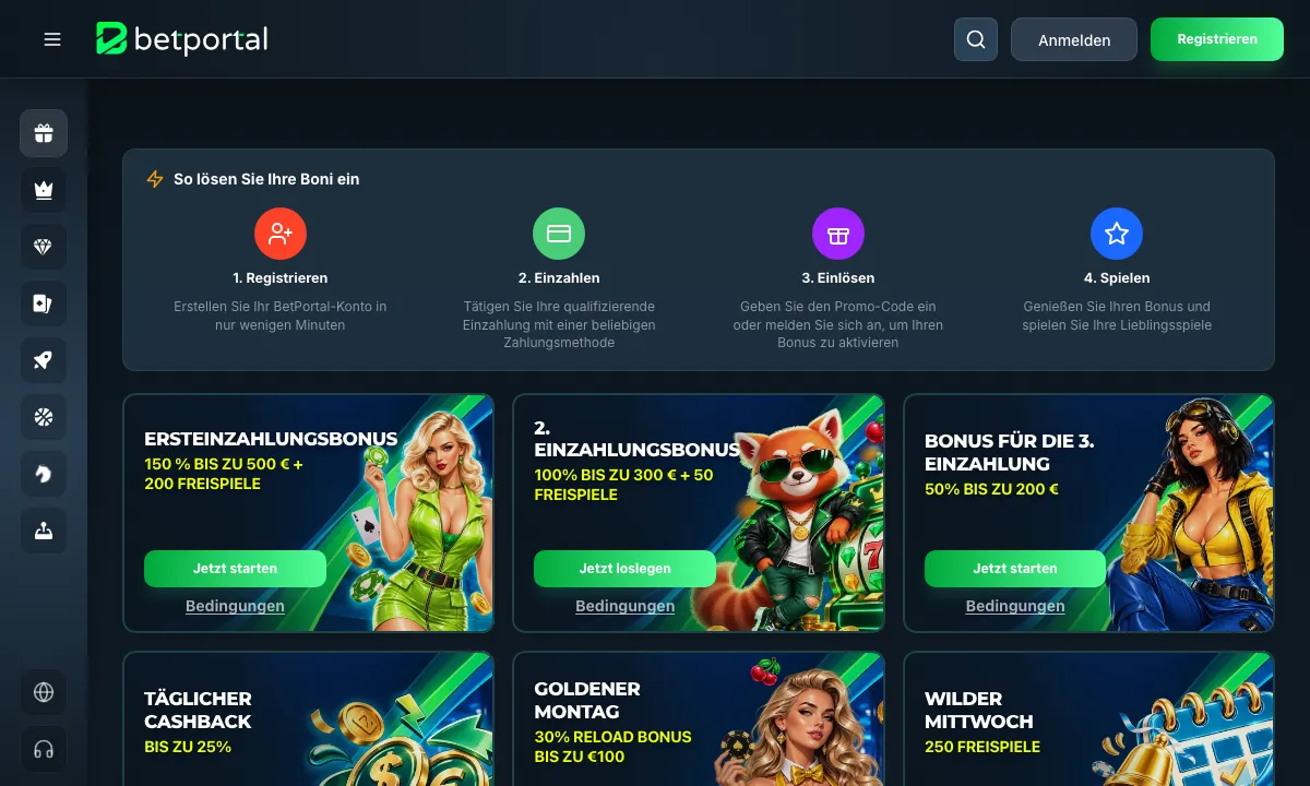 Aktionsseite von BetPortal Casino mit Ersteinzahlungsbonus, zweitem und drittem Einzahlungsbonus, täglichem Cashback, Goldenem Montag und Wildem Mittwoch