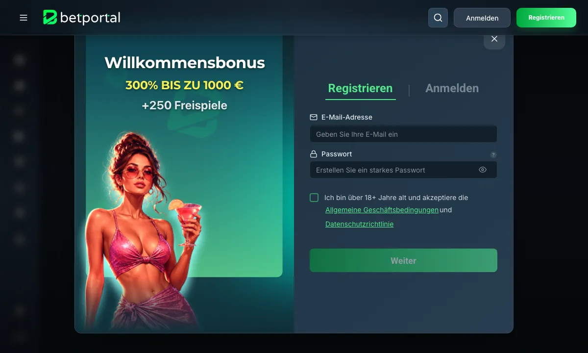 Leeres Registrierungsfenster von BetPortal Casino mit den Feldern für E-Mail-Adresse und Passwort und dem Willkommensbonus links daneben