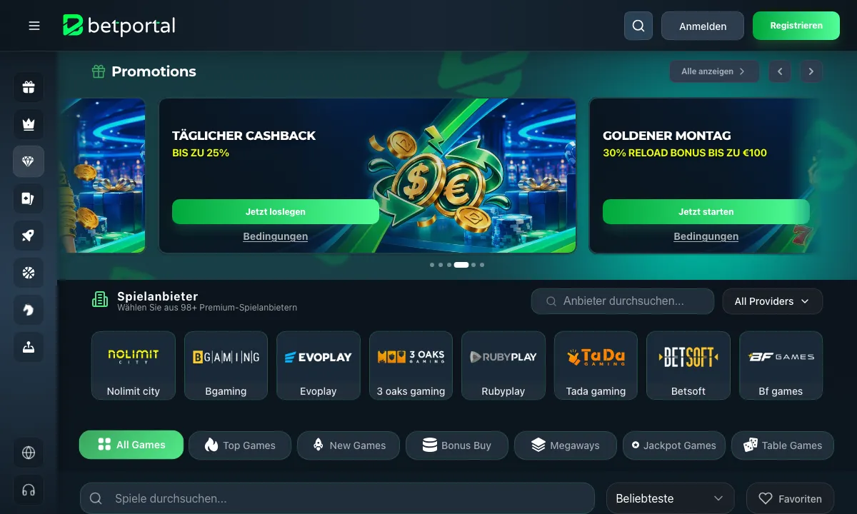 Casino-Lobby von BetPortal Casino mit Aktionsleiste, Anbieterleiste mit Nolimit City, BGaming, Evoplay und 3 Oaks Gaming und den Kategorien der Spiele