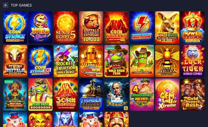 BitStarz Casino Top Games page with Coin Strike, Wild Spin, Sun of Egypt 5, Coin Volcano, Royal Beellion, Elvis Frog in Vegas and Gold Rush Johnny Cash