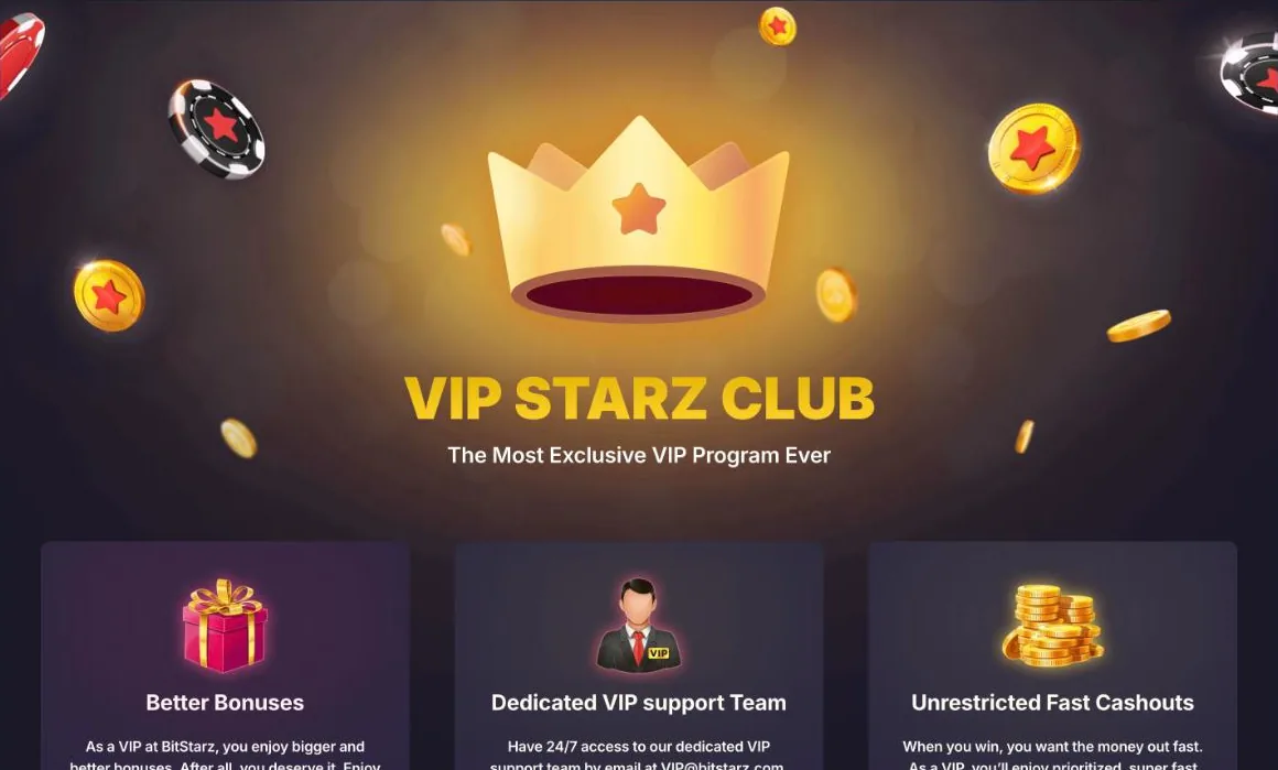 BitStarz Casino VIP Starz Club page with a golden crown, the line The Most Exclusive VIP Program Ever and the panels Better Bonuses, Dedicated VIP support Team and Unrestricted Fast Cashouts