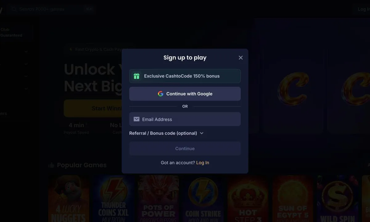 Empty Cashy Casino sign-up panel reading Exclusive CashtoCode 150% bonus, with Continue with Google, an email field and an optional referral or bonus code field