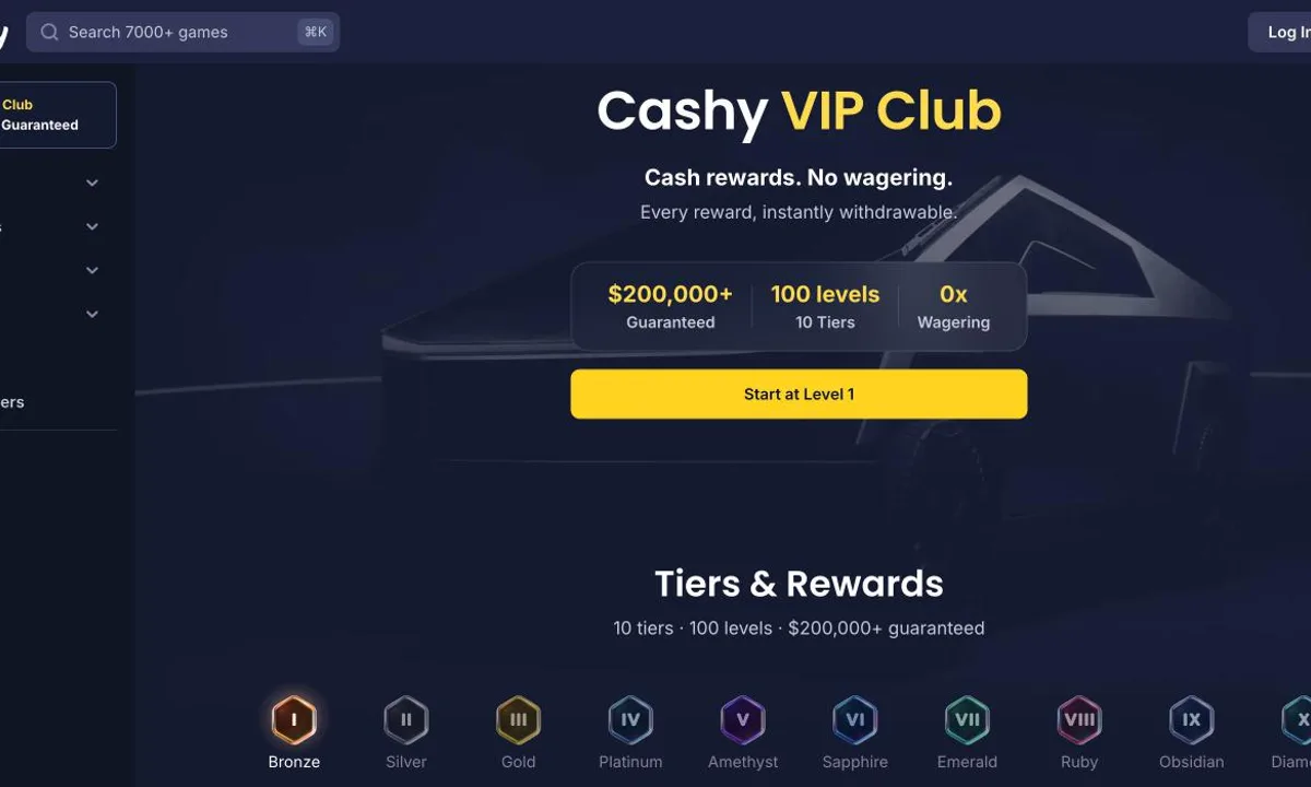 Cashy Casino VIP Club page with the line Cash rewards. No wagering. and the figures $200,000+ guaranteed, 100 levels across 10 tiers and 0x wagering