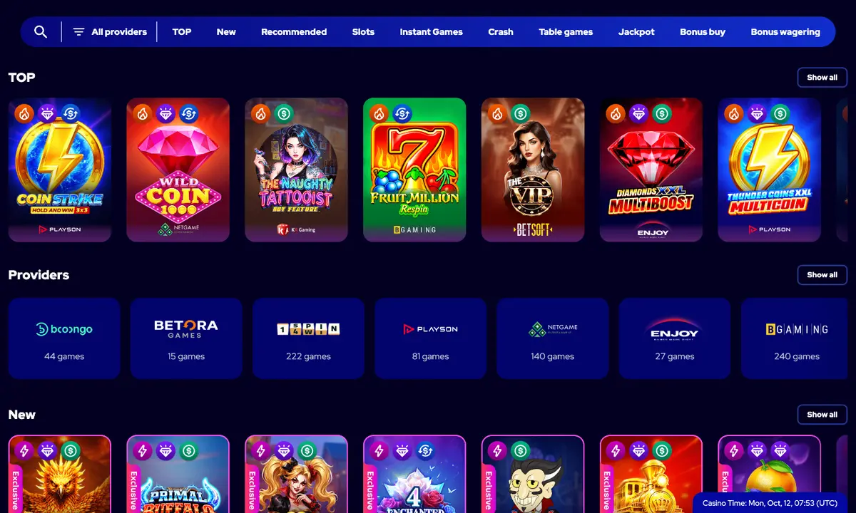 Charmius Casino lobby with the category bar from TOP to Bonus wagering, the TOP row with Coin Strike Hold and Win, Wild Coin 1000, The Naughty Tattooist, Fruit Million Respin and The VIP, and studio tiles with game counts