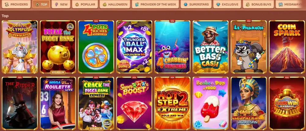 Cleobetra Casino lobby with the categories Providers, Top, New, Popular, Halloween, Provider of the Week, Superstars, Exclusive, Bonus Buys and Megaways and the Top rows with Gates of Olympus Super Scatter, Break the Piggy Bank, 4 Pots Riches, Thunder Ball Max, Better Bass Cash and Le Pharaoh