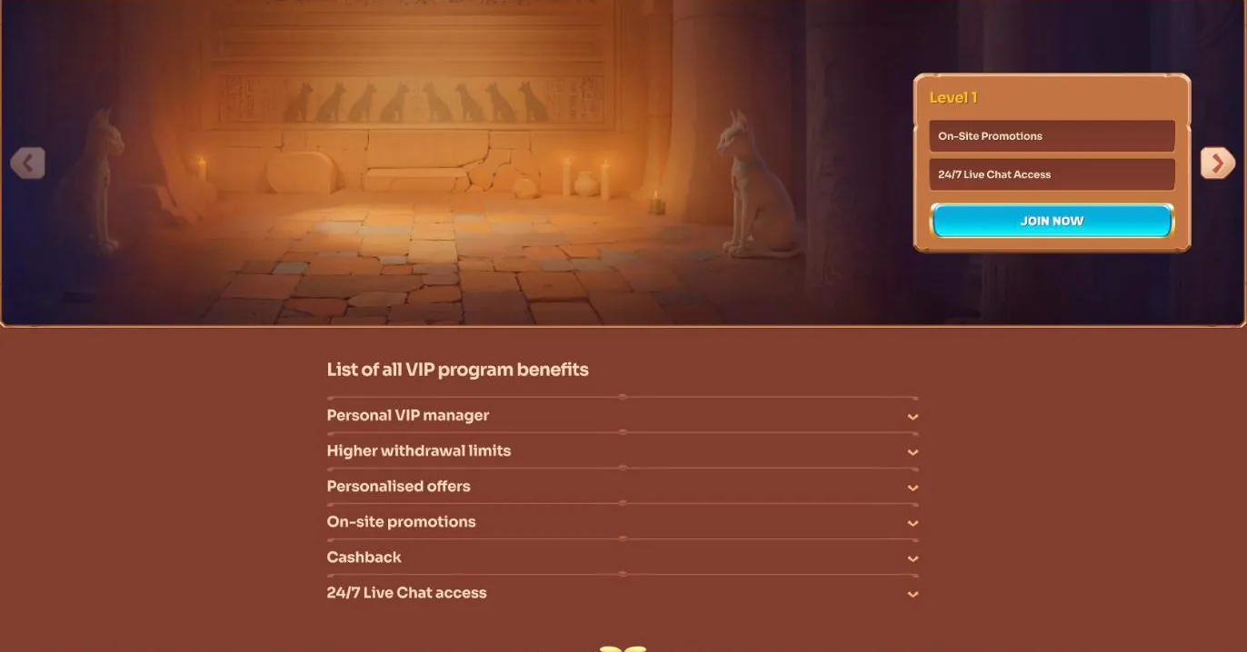 Cleobetra Casino VIP page with the level card for Level 1, On-Site Promotions and 24/7 Live Chat Access, and the list of all VIP program benefits from Personal VIP manager to Cashback