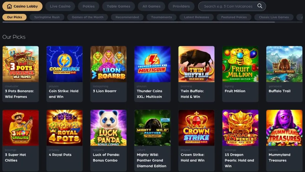 Clubhouse Casino lobby with the tabs Casino Lobby, Live Casino, Pokies, Table Games, All Games and Providers and the Our Picks row with 3 Pots Bonanza, Coin Strike, 3 Lion Roarrr, Thunder Coins XXL, Twin Buffalo, Fruit Million and Buffalo Trail, each tile naming its studio