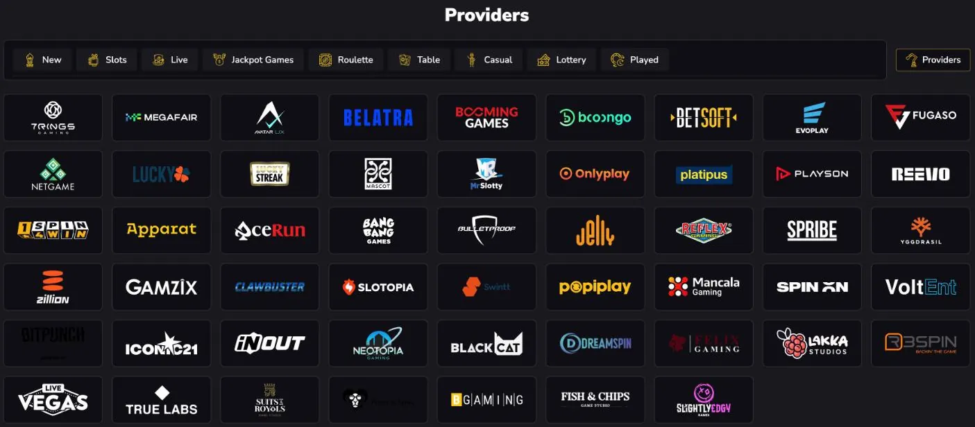 DundeeSlots Casino providers page with the categories New, Slots, Live, Jackpot Games, Roulette, Table, Casual, Lottery and Played and a grid of studio logos from 7Rings Gaming, Megafair, Belatra, Booming Games and Booongo to BGaming and Slightly Edgy