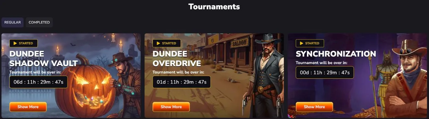 DundeeSlots Casino tournaments page with the tabs Regular and Completed and the running tournaments Dundee Shadow Vault, Dundee Overdrive and Synchronization, each with a countdown and a Show More button