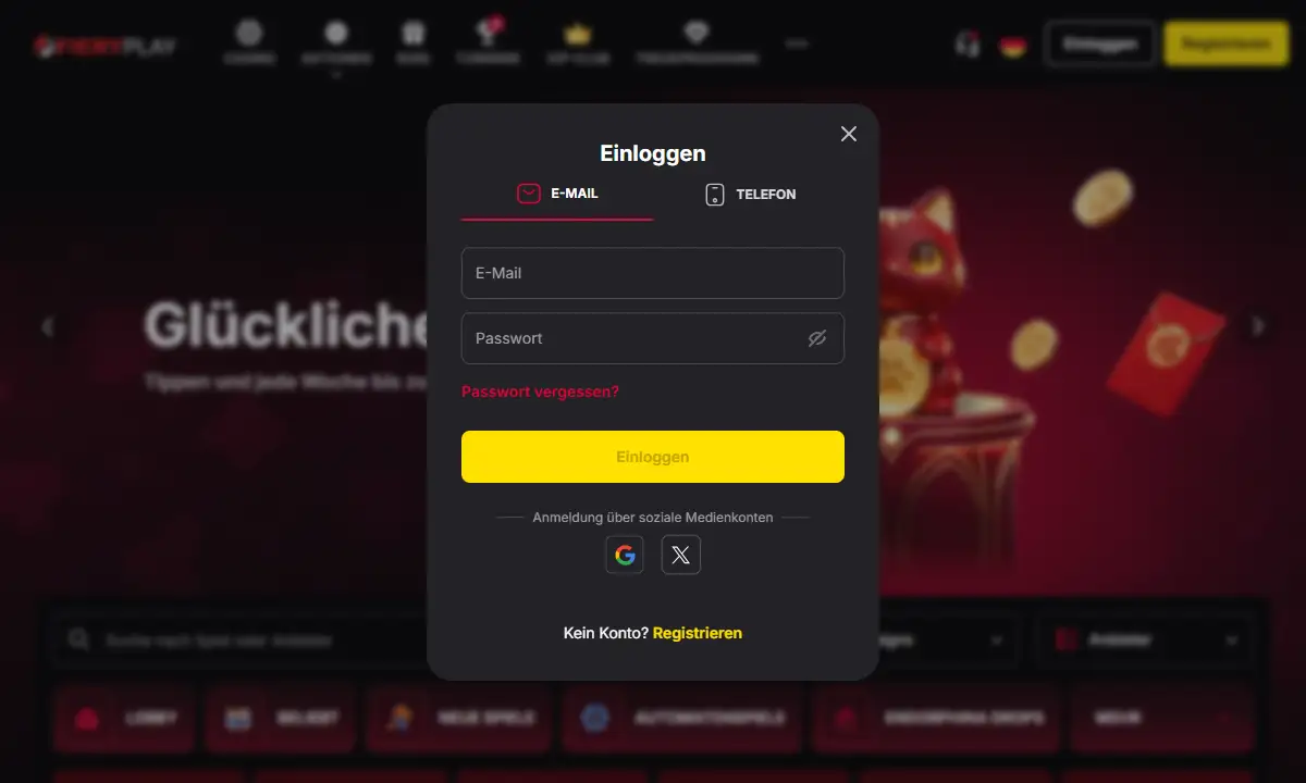 Leeres Anmeldefenster von FieryPlay Casino mit den Reitern E-Mail und Telefon, Feldern für E-Mail und Passwort und der Anmeldung über Google oder X