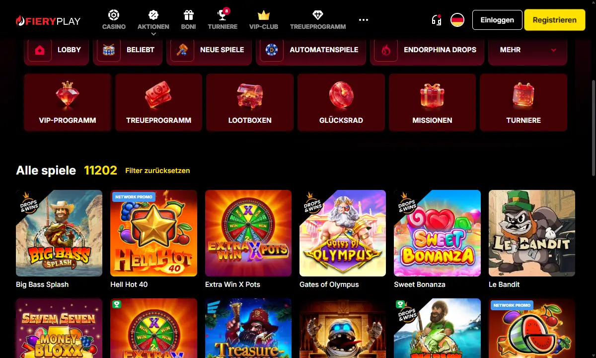 Spielelobby von FieryPlay Casino mit dem Zähler Alle Spiele 11202, den Kategorien Lobby bis Turniere und Kacheln wie Big Bass Splash, Hell Hot 40 und Gates of Olympus