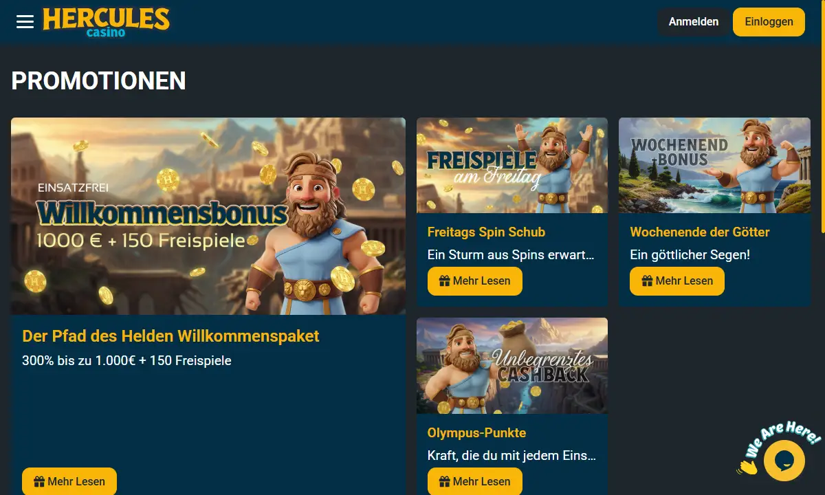 Aktionsseite von Hercules Casino mit der Karte zum einsatzfreien Willkommensbonus 1000 Euro und 150 Freispiele sowie den Karten Freitags Spin Schub, Wochenende der Götter und Olympus-Punkte