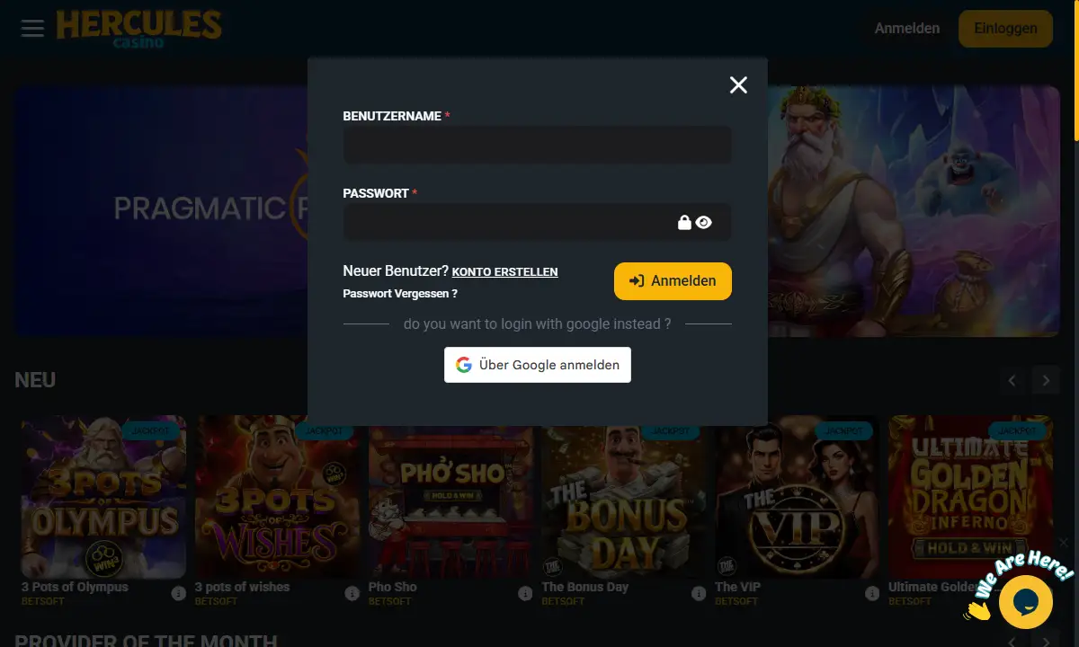 Leeres Login-Fenster von Hercules Casino mit Feldern für Benutzername und Passwort, dem Link Konto erstellen und der Anmeldung über Google