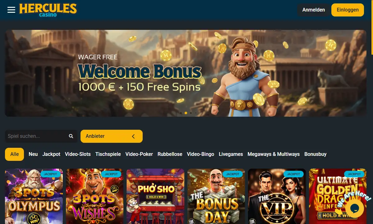 Spielelobby von Hercules Casino mit Suchfeld, Anbieterauswahl, der Filterleiste von Neu bis Bonusbuy und den ersten Spielkacheln, darunter 3 Pots of Olympus und Pho Sho