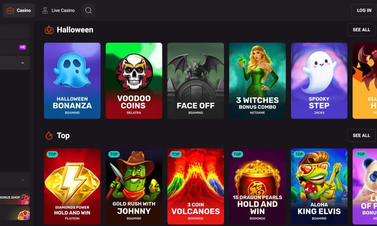 HollyWin Casino lobby with the rows Halloween and Top, each game tile naming its studio such as BGaming, Belatra, Netgame and Playson