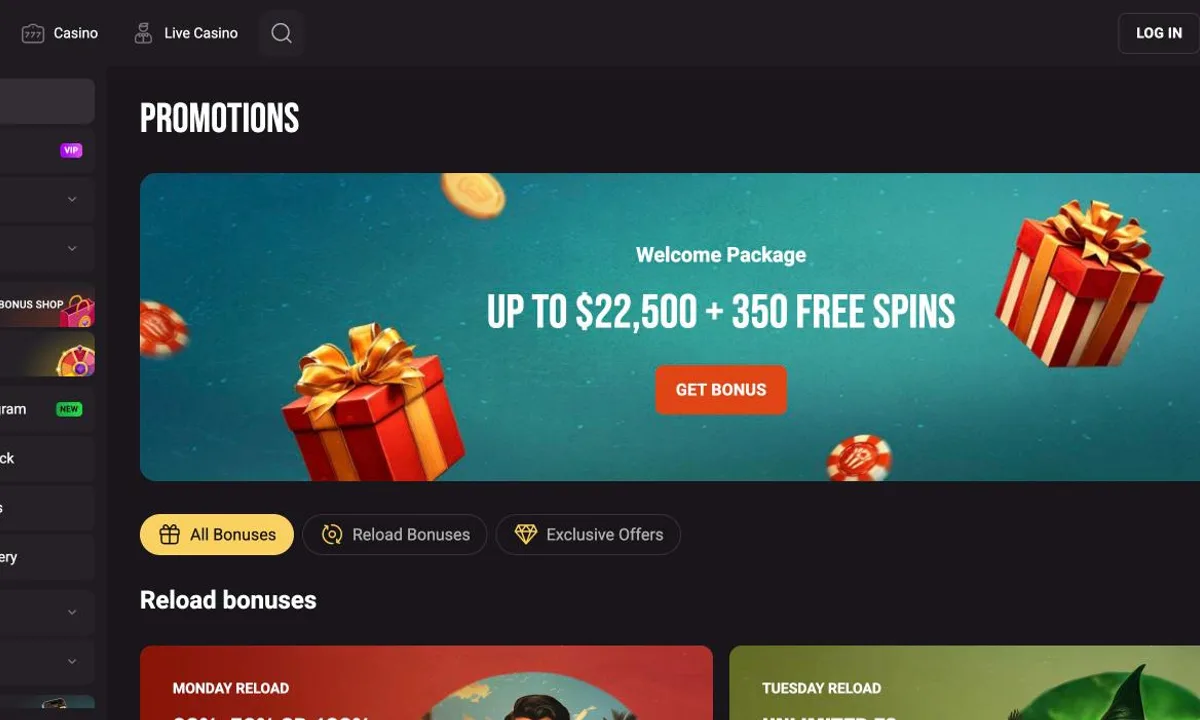 HollyWin Casino promotions page with the welcome package banner Up to $22,500 + 350 free spins and the filters All Bonuses, Reload Bonuses and Exclusive Offers