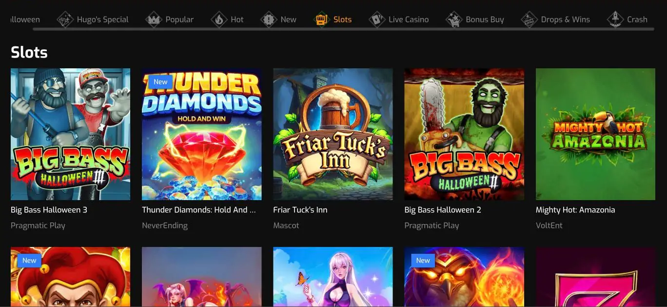 Hugo Casino slots lobby with the category bar from Hugo's Special to Crash and the first row with Big Bass Halloween 3, Thunder Diamonds Hold and Win, Friar Tuck's Inn, Big Bass Halloween 2 and Mighty Hot Amazonia