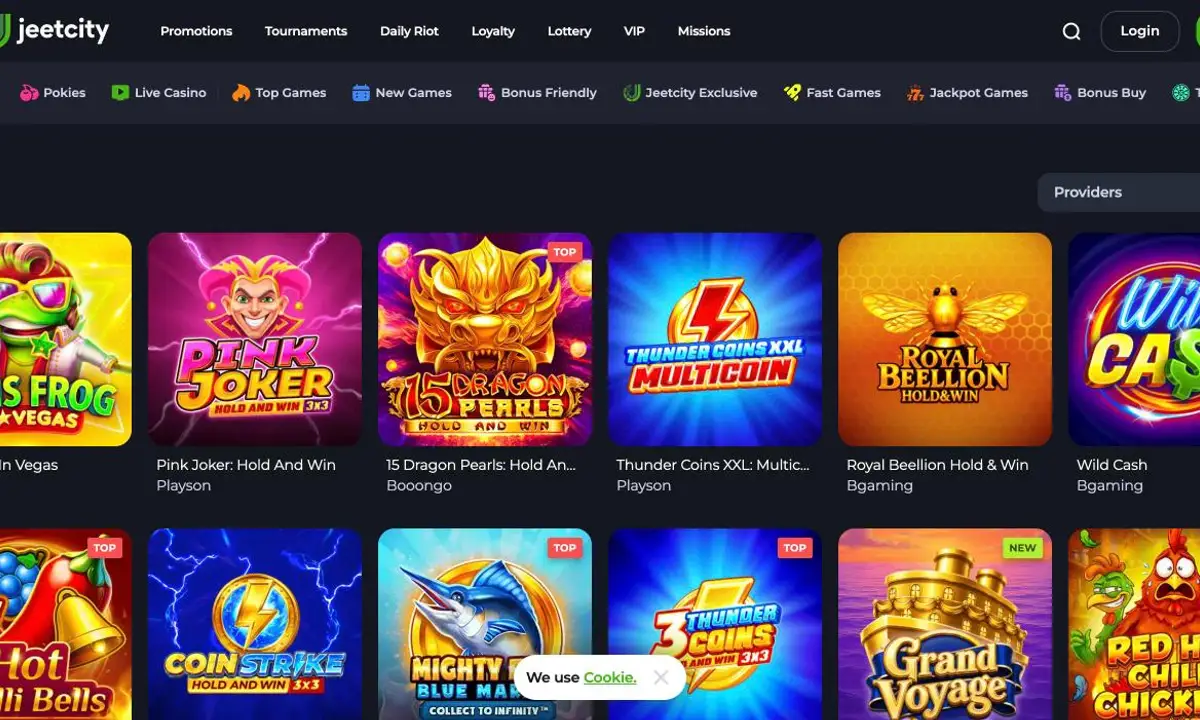 JeetCity Casino all games view with the category bar and tiles from BGaming, Playson and Booongo such as Elvis Frog in Vegas and 15 Dragon Pearls