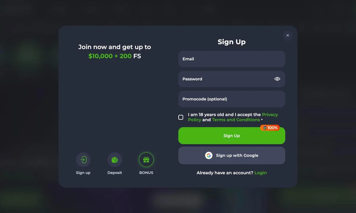 Empty JeetCity Casino sign-up form with email, password and an optional promo code, next to the line Join now and get up to $10,000 + 200 FS