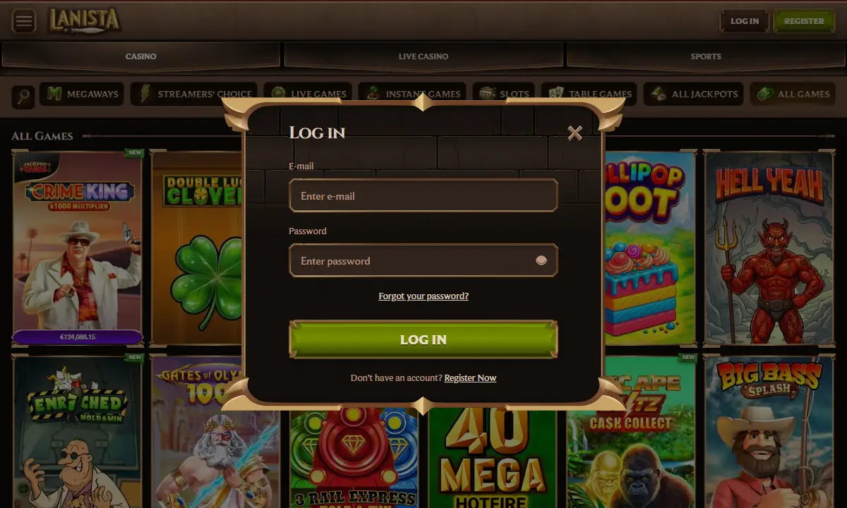 Noch leeres Login-Fenster bei Lanista Casino, zwei Felder für E-Mail und Passwort, der Knopf Log in und ein Link für vergessene Passwörter
