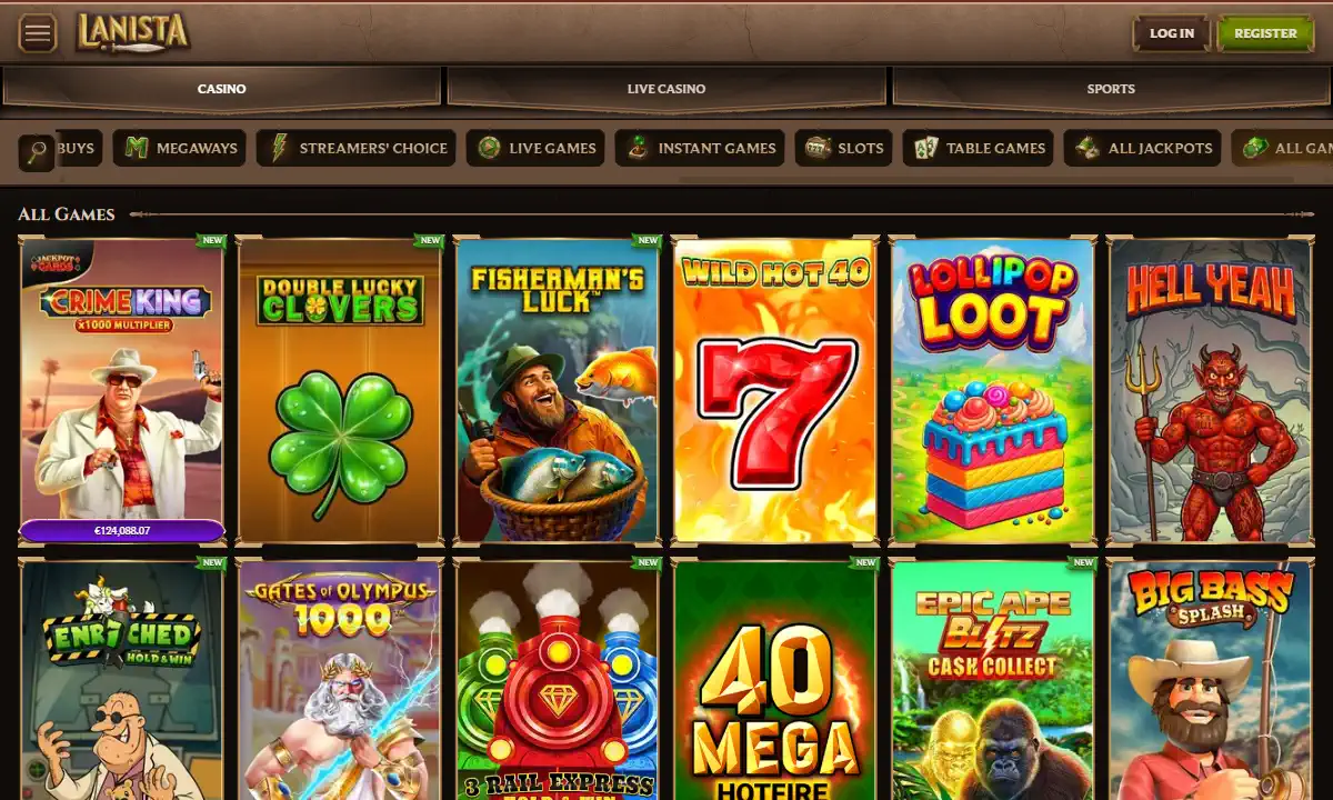 Lobby All Games bei Lanista Casino, oben die Kategorien von Megaways bis All Jackpots, darunter zwölf Kacheln wie Crime King, Gates of Olympus 1000 und Big Bass Splash