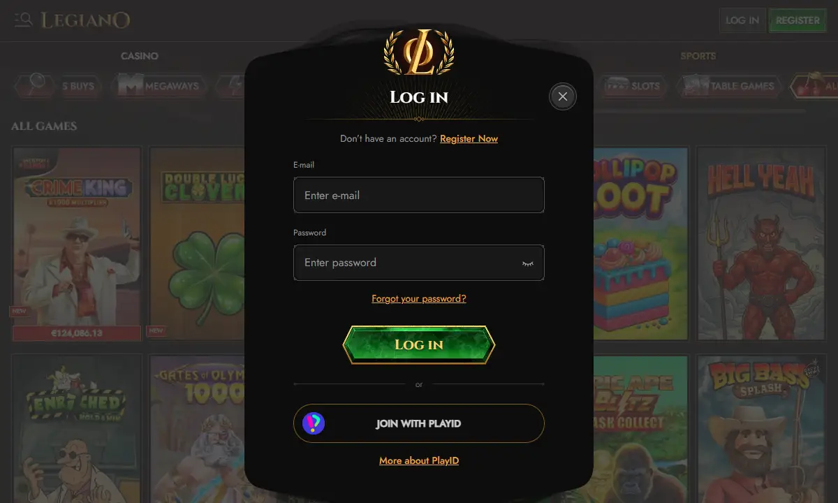 Leeres Anmeldefenster von Legiano Casino mit Feldern für E-Mail und Passwort, dem Link zum Zurücksetzen des Passworts und der Option Join with PlayID