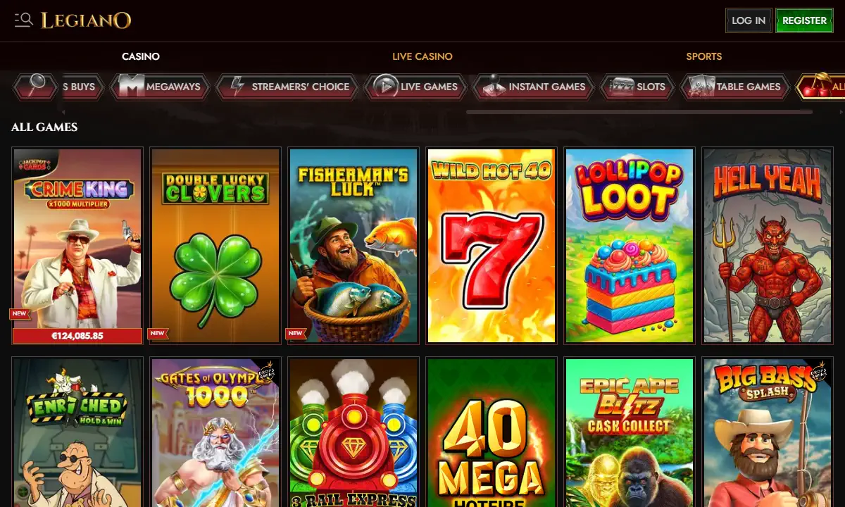 Spielelobby von Legiano Casino unter All Games mit Kategorieleiste von Megaways bis Table Games und Kacheln wie Crime King, Big Bass Splash und Gates of Olympus 1000