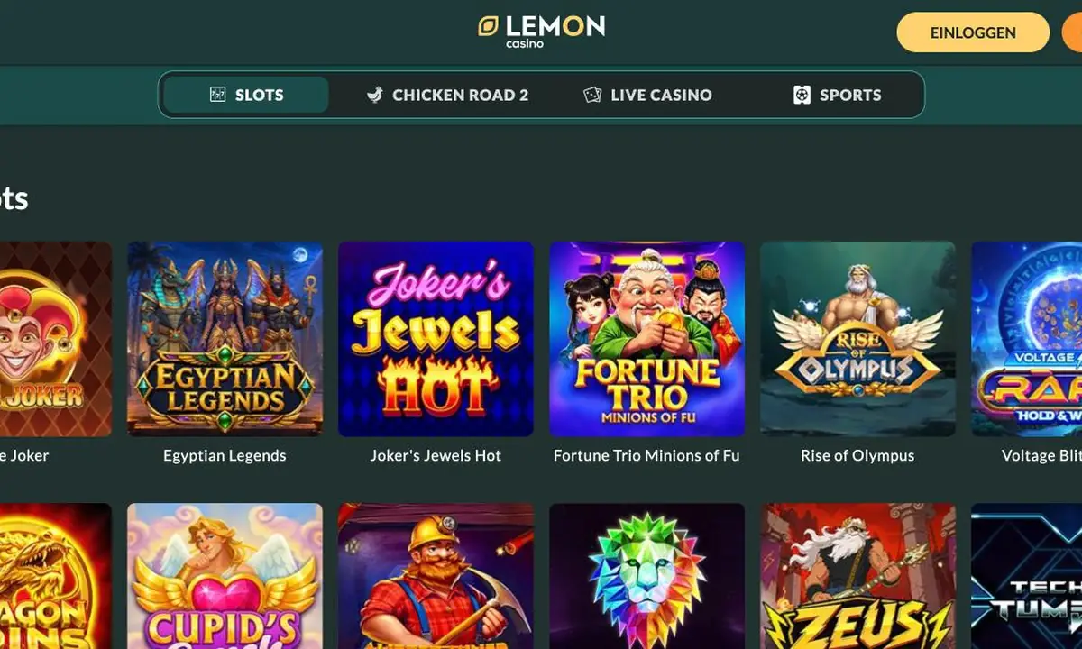 Slot-Lobby von Lemon Casino mit den ersten Spielkacheln Fire Joker, Egyptian Legends und Joker's Jewels Hot