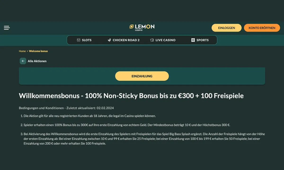Aktionsseite von Lemon Casino mit der Überschrift Willkommensbonus 100% Non-Sticky Bonus bis zu 300€ und den ersten drei Bedingungen