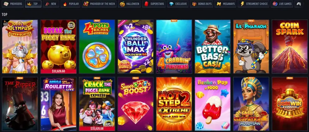 Mafia Casino lobby with the categories Providers, Top, New, Popular, Provider of the Week, Halloween, Superstars, Exclusive, Bonus Buys, Megaways, Streamers' Choice and Live Games and the Top rows with Gates of Olympus Super Scatter, Break the Piggy Bank, 4 Pots Riches, Thunder Ball Max, Better Bass Cash and Le Pharaoh