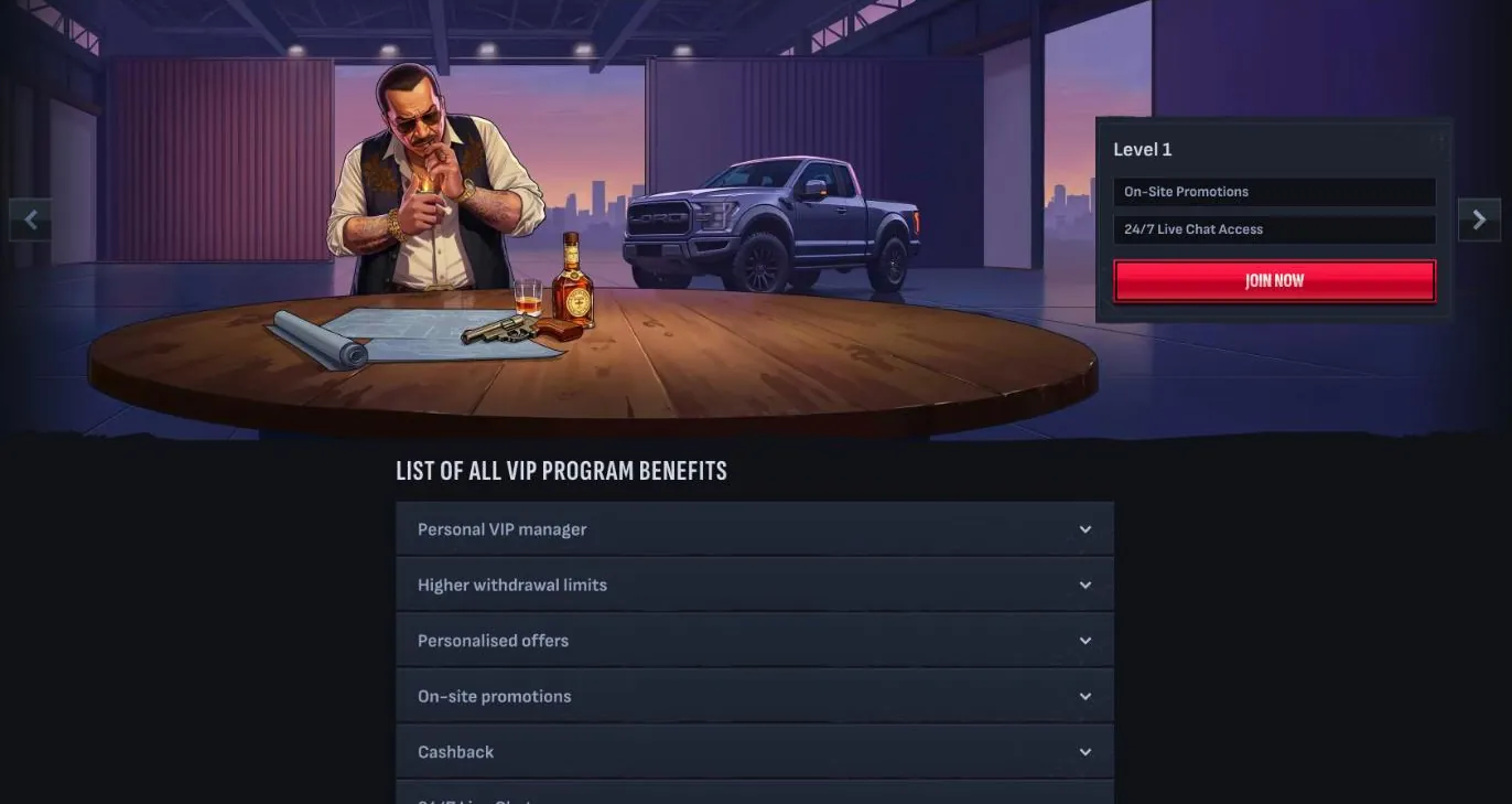 Mafia Casino VIP page with the level card for Level 1, On-Site Promotions and 24/7 Live Chat Access, and the list of all VIP program benefits from Personal VIP manager to Cashback