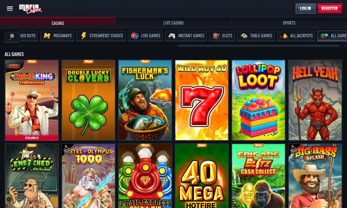 Spielelobby von Mafia Casino mit der Liste All Games, der Kategorieleiste von Megaways bis All Games und zwölf Spielkacheln, darunter Crime King, Gates of Olympus 1000 und Big Bass Splash