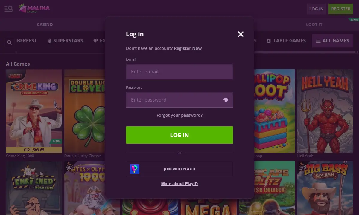 Leeres Anmeldefenster von Malina Casino mit Feldern für E-Mail und Passwort, grünem Knopf Log in und der Alternative Join with PlayID
