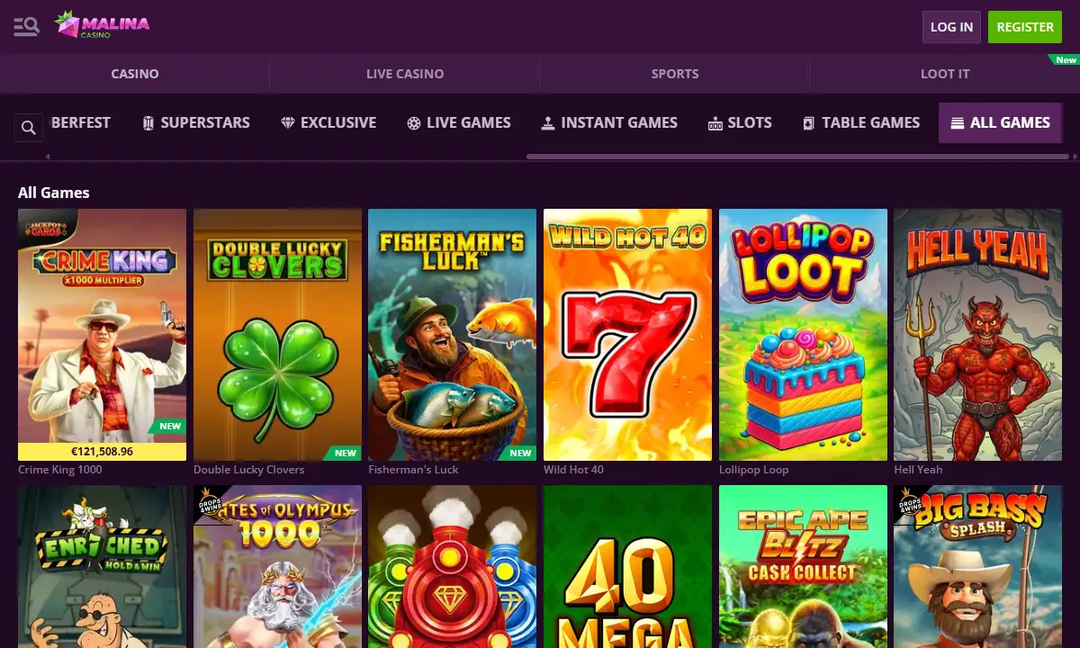Lobby All Games von Malina Casino mit der Kategorieleiste von Superstars bis All Games und Spielkacheln wie Crime King 1000, Double Lucky Clovers, Gates of Olympus 1000 und Big Bass Splash